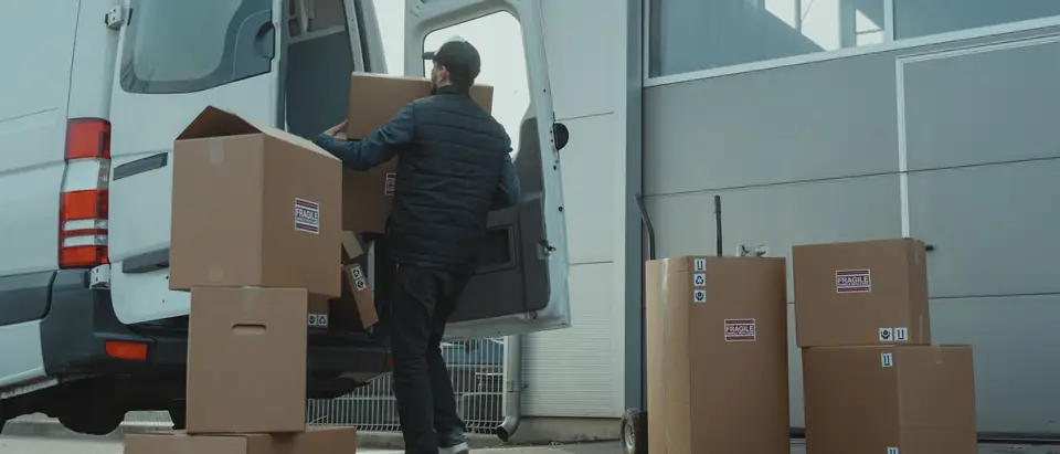 A man in a dark quilted vest and cap, seen from behind, lifts a cardboard box into the back of a white van, with more boxes stacked on the pavement beside a hand truck